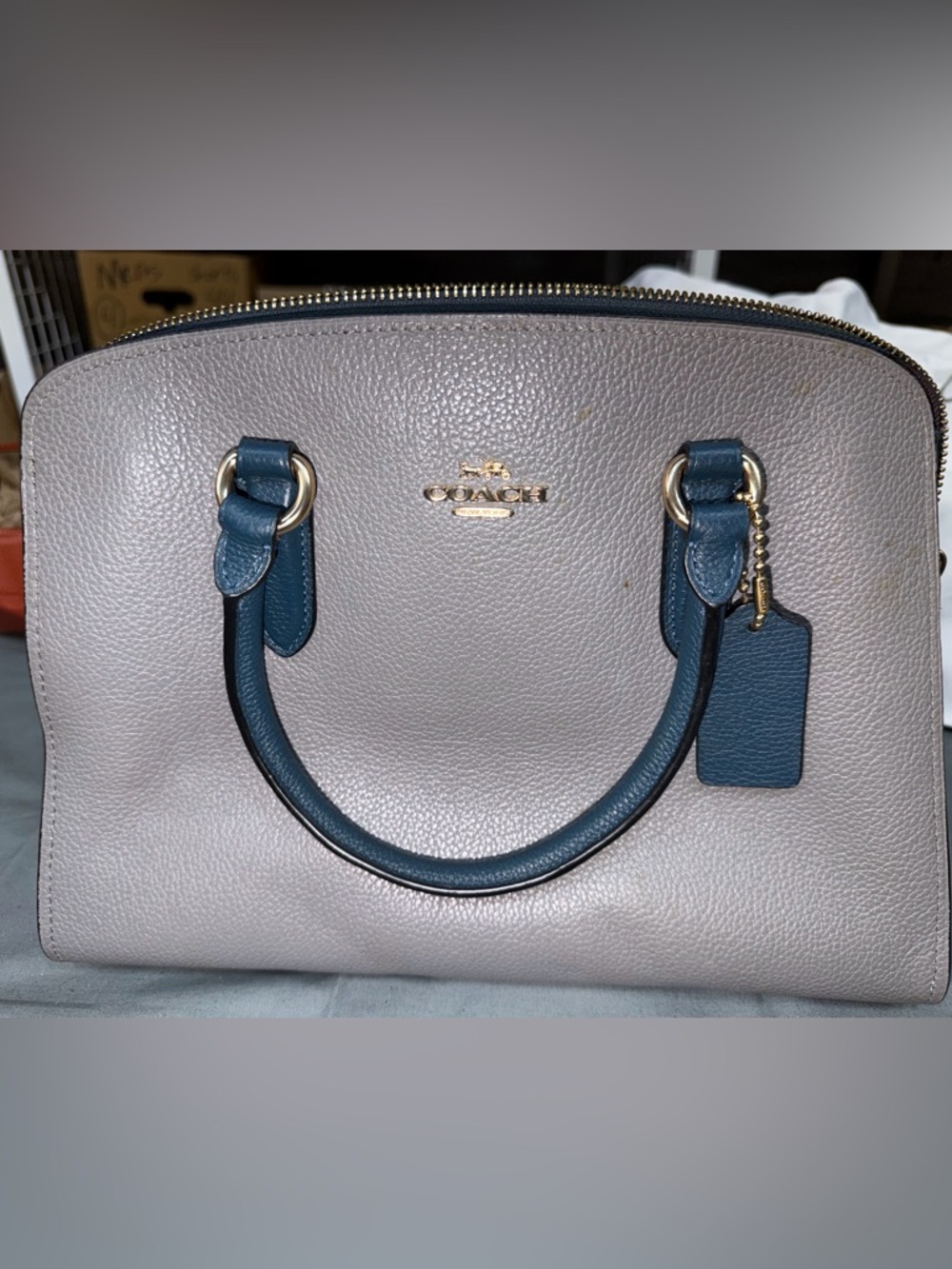 Coach Pebbled Leather Satchel in Gray with Teal Handles